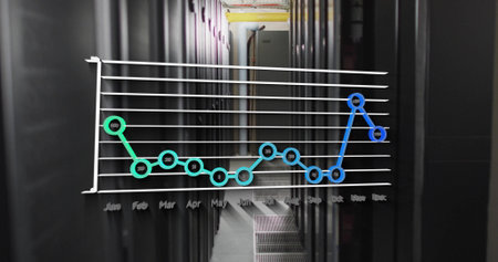 Image of monthly statistics on annual graph over dark computer server room. Digital interface, data,...
