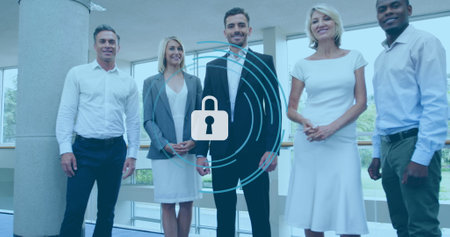 Image of padlock icon over diverse people in office. Global business, finance, digital interface and data processing concept digitally generated image.の写真素材