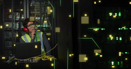 Image of circuit board and data processing over asian male it engineer by computer servers. Global...