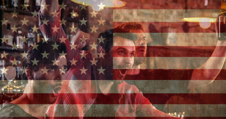 Image of flag of usa over caucasian male friends supporting. Patriotism and celebration concept digitally generated image.の写真素材