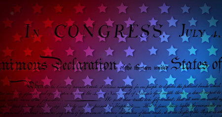 Image of stars over text on colourful background. Patriotism and celebration concept digitally...