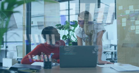 Image of graphs and globes over diverse female coworkers discussing reports on desk in office....