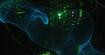 Image of blue network wave moving over dark computer servers. Digital interface, data, network,...