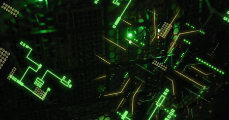 Image of circuit board and data processing over computer servers. Global business, connections,...