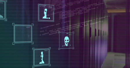 Image of biometric photos, circuit board and data processing over computer servers. Global business, connections, computing and data processing concept digitally generated image.の写真素材