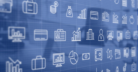 Image of icons and data processing over work station in office. Global finance, business, connections, computing and data processing concept digitally generated image.の写真素材