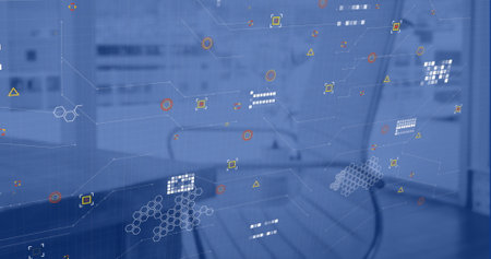 Image of data processing over work station in office. Global finance, business, connections,...