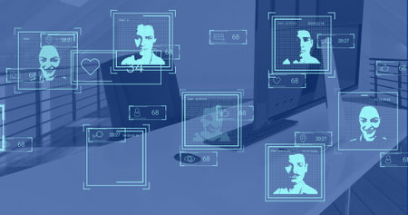 Image of biometric photos and data processing over work station in office. Global finance, business,...