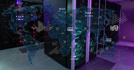 Image of circuit board pattern on map over data server racks in server room. Digital composite,...