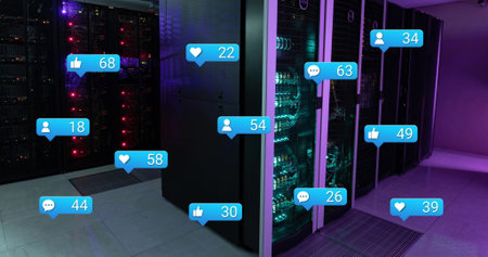 Image of notification with numbers icons over data server racks. Digital composite, network...