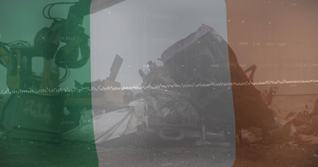 Image of waving ireland flag against hydraulic lifting machine at junkyard. Reuse and recycling conceptの写真素材