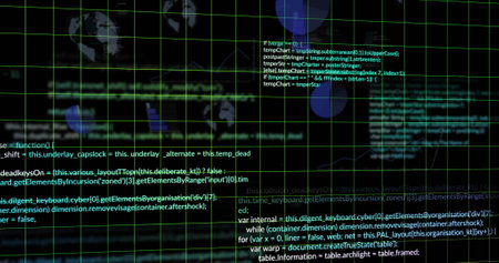 Image of computer language, globe and graphs over black background. Digitally generated, hologram,...
