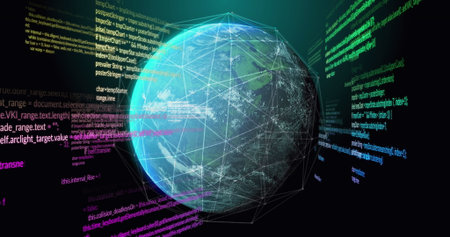 Image of data processing and network of connections over spinning globe on black background. Global...