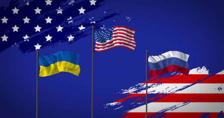 Image of flags of ukraine, usa and russia on blue background. Patriotism and celebration concept digitally generated image.の写真素材