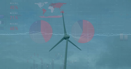 Image of statistical data processing over spinning windmill against blue sky. Renewable energy and...