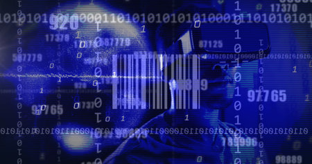 Image of bar code and binary coding data processing over african american man in vr headset. Global computing, digital interface and data processing concept digitally generated image.の写真素材