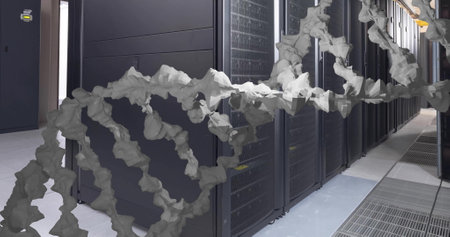 Image of white, textured dna strand moving over computer server room. Digital interface, data,...