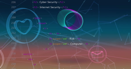 Image of network of digital icons and network of connections against gradient background. Global...