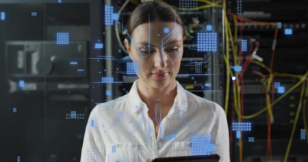 Image of circuit board and data processing over caucasian female it engineer by computer servers....