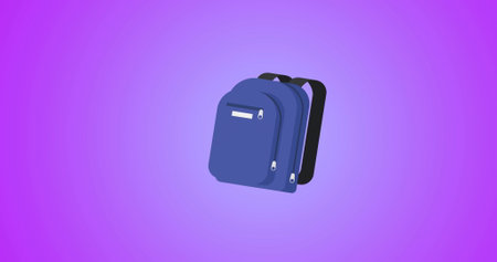 Image of school bag icon against copy space on purple gradient background. School and education conceptの写真素材