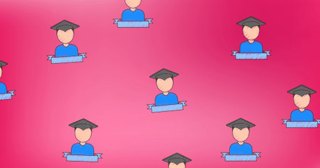 Image of boy wearing graduation hat icons in seamless pattern against pink gradient background. School and education conceptの写真素材