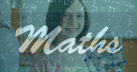Image of mathematical equations and maths text over smiling caucasian schoolgirl. school and education concept digitally generated image.の写真素材