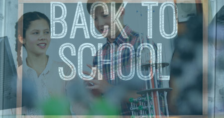 Image of back to school text over caucasian schoolchildren. school and education concept digitally...