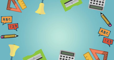 Image of multiple school concept icons against copy space on blue gradient background. School and education conceptの写真素材