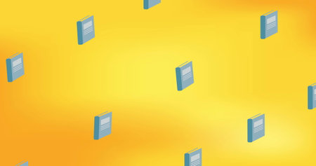 Image of school book icons in seamless pattern against copy space on yellow gradient background....
