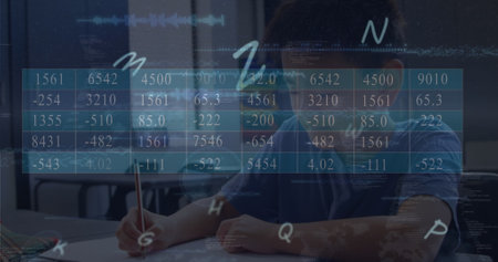 Image of multiple alphabets and data processing over asian boy studying in the class at school. School and education conceptの写真素材