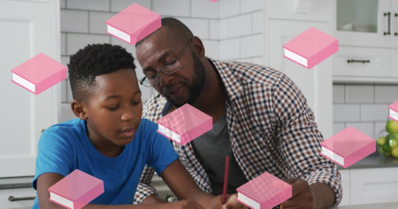 Pink book icons in seamless motion against african american father helping son with homework. school and education conceptの写真素材
