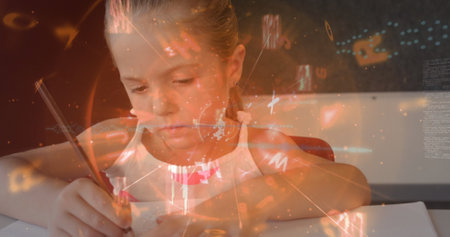 Image of changing numbers and glowing tunnel over caucasian girl studying in the class at school. School and education conceptの写真素材