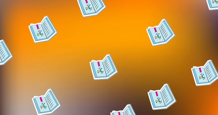 Image of school book icons in seamless pattern against copy space on orange gradient background. School and education conceptの写真素材
