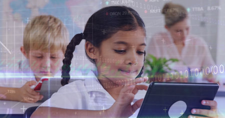 Image of financial data over hispanic girl and class of diverse pupils with tablets at school. School, education and learning with technology concept digitally generated image.の写真素材