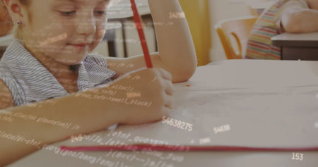Image of multiple changing numbers over caucasian girl studying in the class at school. School and education conceptの写真素材