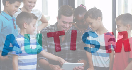 Image of colourful puzzle pieces and autism text over school children with male teacher. autism, learning difficulties, support and awareness concept digitally generated image.の写真素材