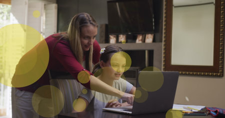 Image of connections over happy diverse students using technology at school. Global education...