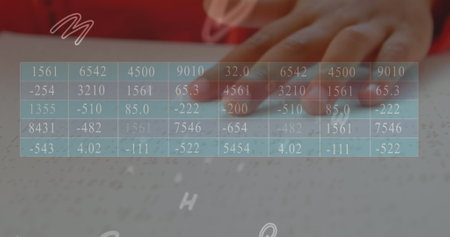 Image of multiple alphabets and data processing over close up of a finger reading in braille. School and education conceptの写真素材