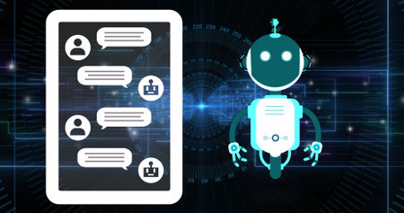 Image of ai chat bot and tablet with chat on black background. Global artificial intelligence, connections, communication and digital interface concept digitally generated image.の写真素材