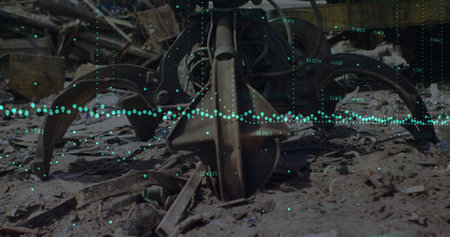 Image of multiple graphs with changing numbers, close up of claw of crane in junkyard. Digital composite, multiple exposure, report, business, growth, garbage and recycling concept.の写真素材