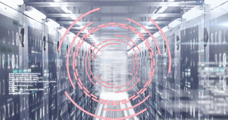 Image of circles, computer language over binary codes on data server racks in server room. Digital...