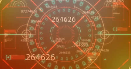 Image of changing numbers, mandala pattern and computer language over abstract background. Digitally...