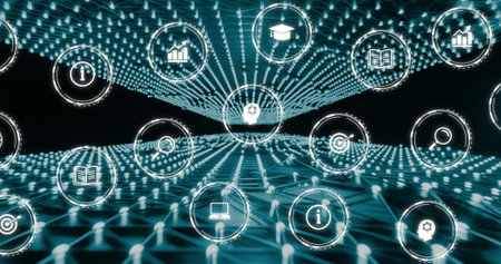 Image of network of digital icons over green mesh on black background. Global finance, business, connections, computing and data processing concept digitally generated image.の写真素材