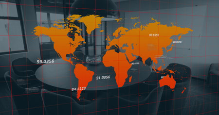 Image of map and numbers over empty chairs and table arranged in conference room. Digital composite, multiple exposure, global business, furniture, meeting, cartography, travel, geography.の写真素材