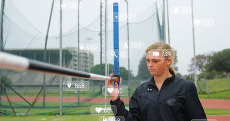 Image of icon and changing numbers in notification bars, caucasian woman checking rod. Digital...