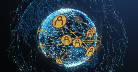 Image of connected dots and profile icons forming globes. Digitally generated, global connection,...