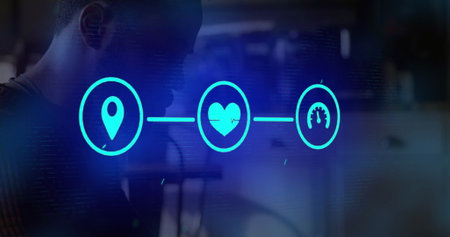 Image of flowchart of icons over biracial man scrolling on smartphone. Digital composite, multiple...