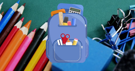 School supplies encircling blue backpack, signaling readiness for learning. Colorful pencils, clips, and scissors highlighting blue backgroundの写真素材