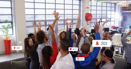 Image of social media data processing over diverse business people in office. Global teamwork, business, finances, computing and data processing concept digitally generated image.の写真素材