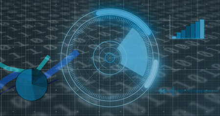 Image of scope scanning, data processing and binary coding numbers changing. digital interface global connection and communication concept digitally generated image.の写真素材